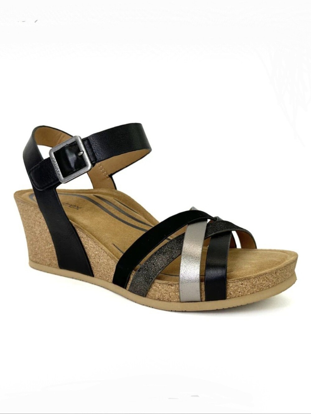 Aetrex Women's Black and Silver Cork Wedge Sandals